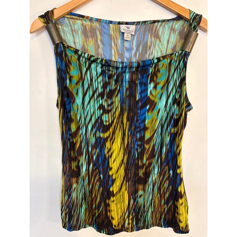 Worthington Petite Stretch Sleeveless Cowl Neck Abstract Print Top Blue PS